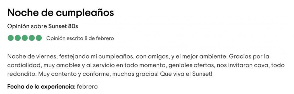 Opiniones Reviews Sunset 80s